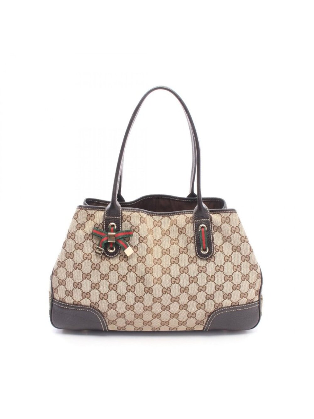 Gucci Tote Prince Sherry Line Beige Dark Brown Canvas Leather Ribbon